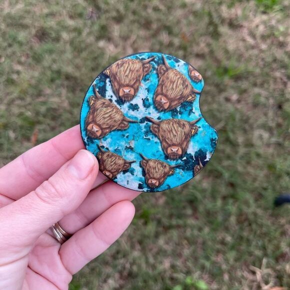 Highland Cow Car Coaster Set | Car Accessories - Picture 3 of 11